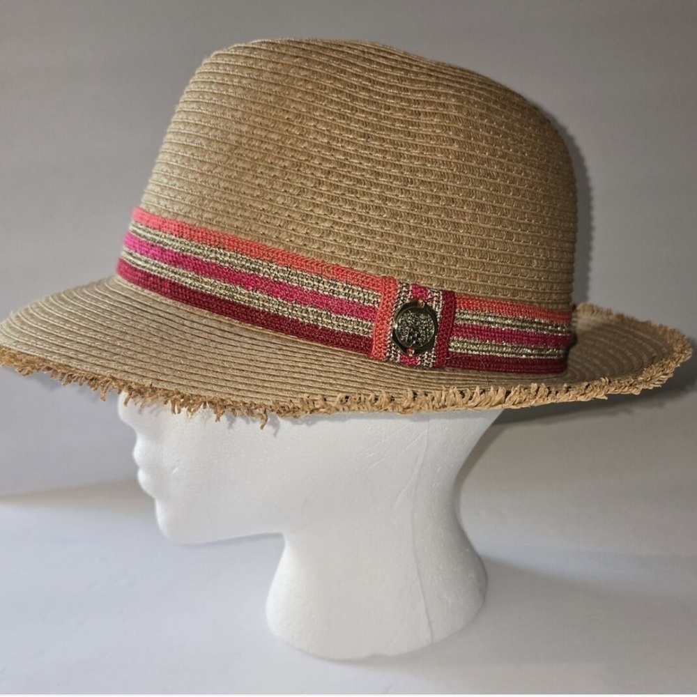 Tan Straw Hat with Pink and Red Band
